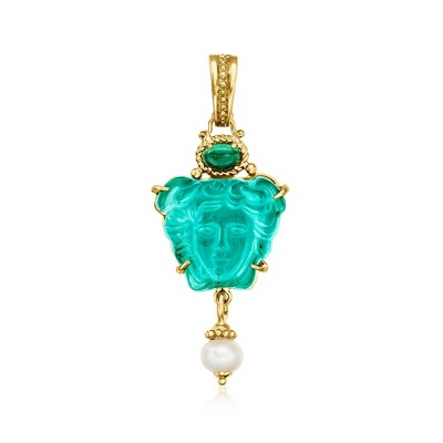 Ross-Simons Italian Tagliamonte Green Venetian Glass, Malachite and 7.5-8mm Cultured Pearl Medusa Pendant in 18kt Gold Over Sterling Size 2.38