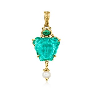 Ross-Simons Italian Tagliamonte Green Venetian Glass, Malachite and 7.5-8mm Cultured Pearl Medusa Pendant in 18kt Gold Over Sterling Size 2.38 - 1 of 3