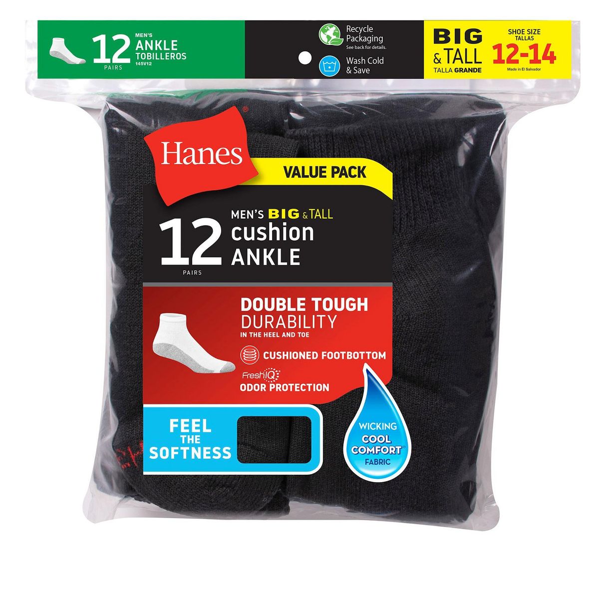 Hanes Double Tough Men's Ankle Socks, Shoe Sizes 12-14, 12-Pairs - thumbnail 3