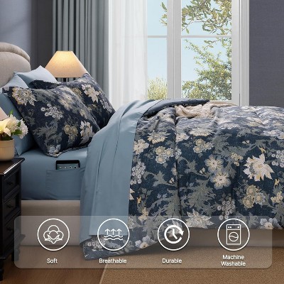 Der Rose BALHAM TRADE-Queen Comforter Set 7 Pieces Floral Antique Blue for All Seasons, Bed in a Bag Queen Rain Washed-Queen 90"x90" — фото 4
