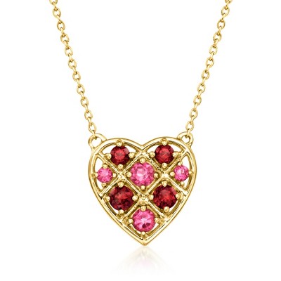 Ross-Simons 0.40 ct. t.w. Garnet and .30 ct. t.w. Pink Topaz Heart Necklace in 18kt Gold Over Sterling Size 18