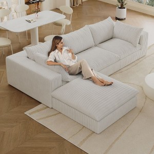 118.2" Blue Cloud Sofa with Ottoman, Corduroy Fabric Deep Seat Couches Double-layer design,Removable Cushion No Assembly - 1 of 4