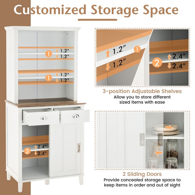 Costway Freestanding Kitchen Pantry Storage Cabinet Buffet w/Hutch Sliding Door & Drawer, 5 of 11