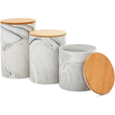 Farmlyn Creek 3 Piece Small Marble Ceramic Kitchen Canister Sets for Seasoning & Snacks with Bamboo Lids, White, 3 Sizes
