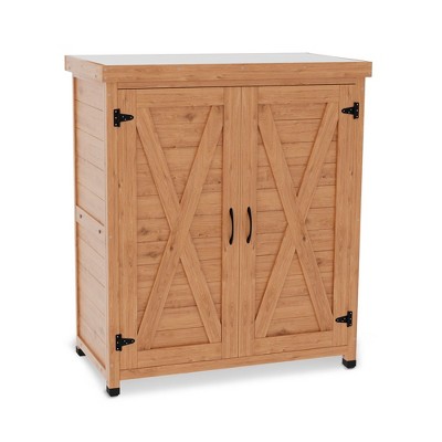 NicBex Small Outside Potting Bench Wooden Outdoor Garden Work Table with Metal Tabletop and Storage Cabinrt