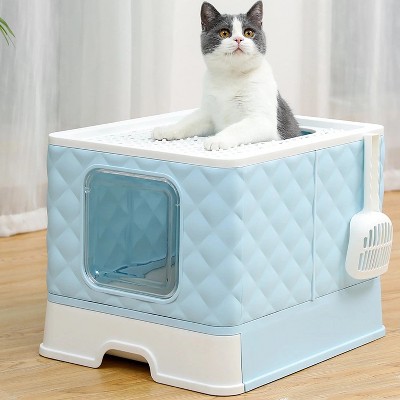 LunaLulinlk Closed cat litter box, large, with lid, drawer style, easy to clean, blue
