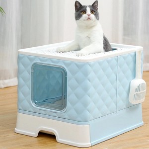 LunaLulinlk Closed cat litter box, large, with lid, drawer style, easy to clean, blue - 1 of 4