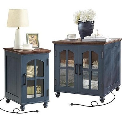Gericco Farmhouse End Table with Charging Station, 18'' Narrow Side Table and 24" Large Sofa Table with Glass Barn Door Storage