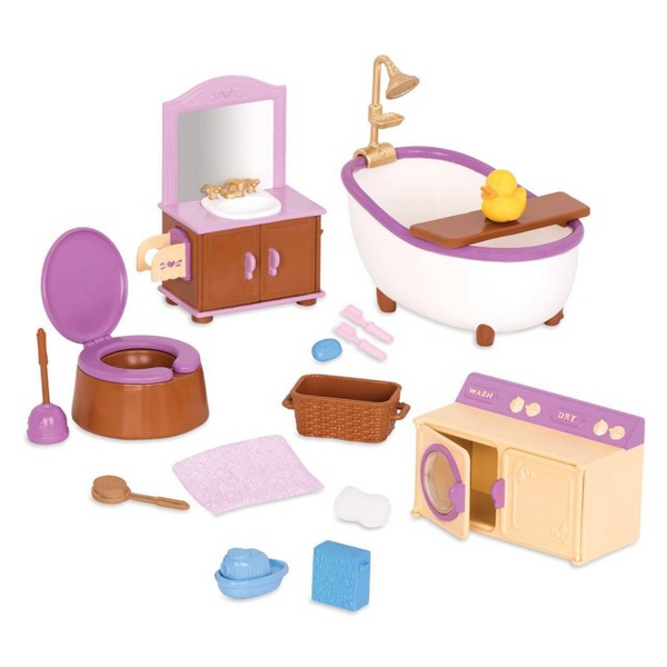 Set de muebles en miniatura Li'l Woodzeez de 16 piezas - Set de baño y lavandería: incluye accesorios de limpieza de juguete