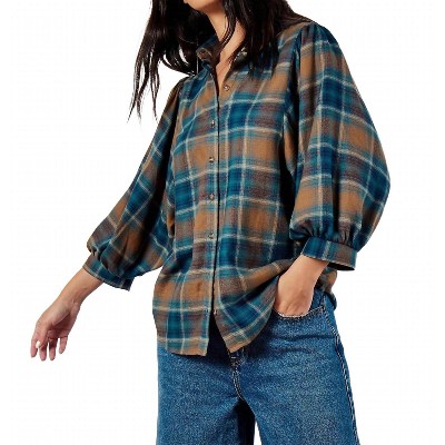 Women's Soft Touch Balloon Sleeve Check Shirt - APRICOT