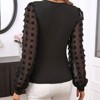 Womens V Neck Jacquard Dot Long Sleeve Blouse Puff Sleeve Contrast Top Blouse - 3 of 4