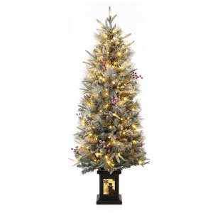 4.5ft Snow Flocked Pre-Lit Christmas Tree with 200 Lights, 8 Modes, Red Berries and Pot Base - 1 of 4