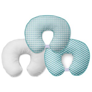 Bacati - 3 pc Houndstooth/Herringbone Aqua Muslin Hugster Feeding & Infant Support Nursing Pillow with 2 removable zippered covers - 1 of 4