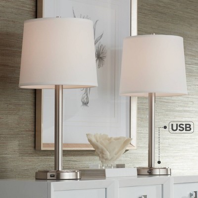 Camile Brushed Nickel Table Lamps with USB and Off-White Drum Shade
