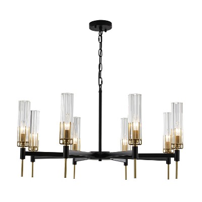 PAKOKULA 32.28 in. 8 light Black Traditional Chandelier with Cylinder Glass shade and Brass Accents for Dining Room