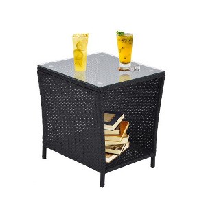 Outdoor Side Coffee Table With Storage Shelf Outdoor Rattan End Side Tables Sturdy Patio End Table Weather Resistant End Table For Garden Porch Pool - 1 of 4