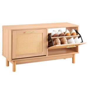VEVOR Entryway Shoe Bench, 39.4 x 11.8 x 20.9 Inch Rattan-Like Shoes Bench with 2 Flip Drawers, 300lbs Shoe Storage Rack with 4 Compartments, Brown - 1 of 4