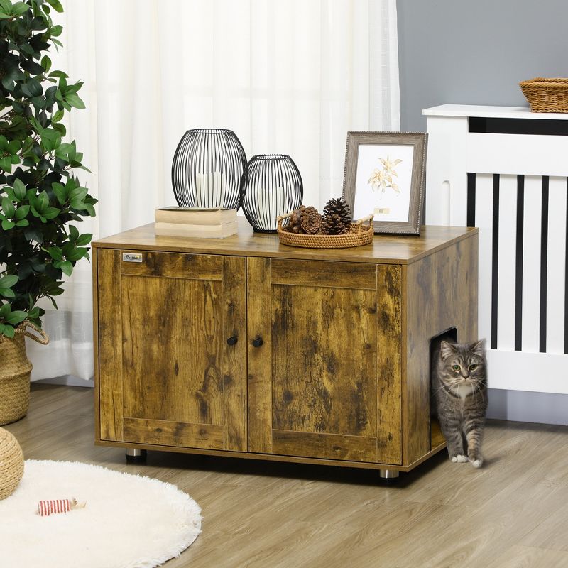 PawHut Rustic Farmhouse Cat Litter Box Furniture with Double Doors, Hidden Kitty Litter Enclosure Table, Darkness & Privacy, Wooden Pet End Table, 2 of 7
