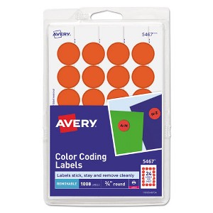 Avery Printable Self-Adhesive Removable Color-Coding Labels, 0.75" dia, Neon Red, 24/Sheet, 42 Sheets/Pack, (5467) - 1 of 4