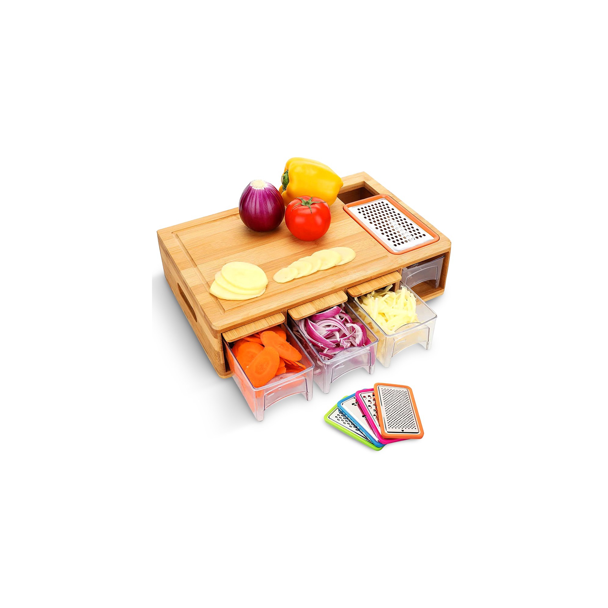 Cheer Collection Versatile Bamboo Cutting Board with 4 Graters and 4 Storage Trays with Lids