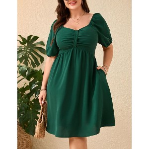Plus Size Women's Solid Color Mini Dress Shirred Bubble Sleeve Dress with Pockets Stretchy Smocked Bodice & Flowy Skirt - 1 of 4