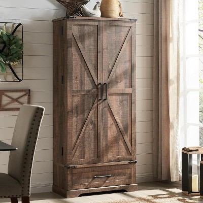 SinCiDo 72" Farmhouse Storage Cabinet, Kitchen Storage Upright Cabinet, w/ 2 Barn Doors & Adjustable Shelves, a Drawers,Multi Functional Large Cabinet