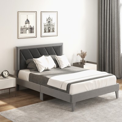 Infans Full Size Bed Frame Upholstered Platform Velvet Headboard Wooden Slats Gray