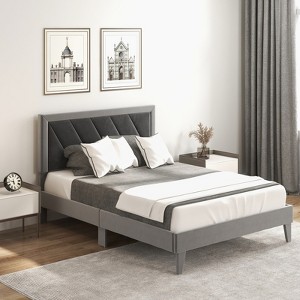 Infans Full Size Bed Frame Upholstered Platform Velvet Headboard Wooden Slats Gray - 1 of 4