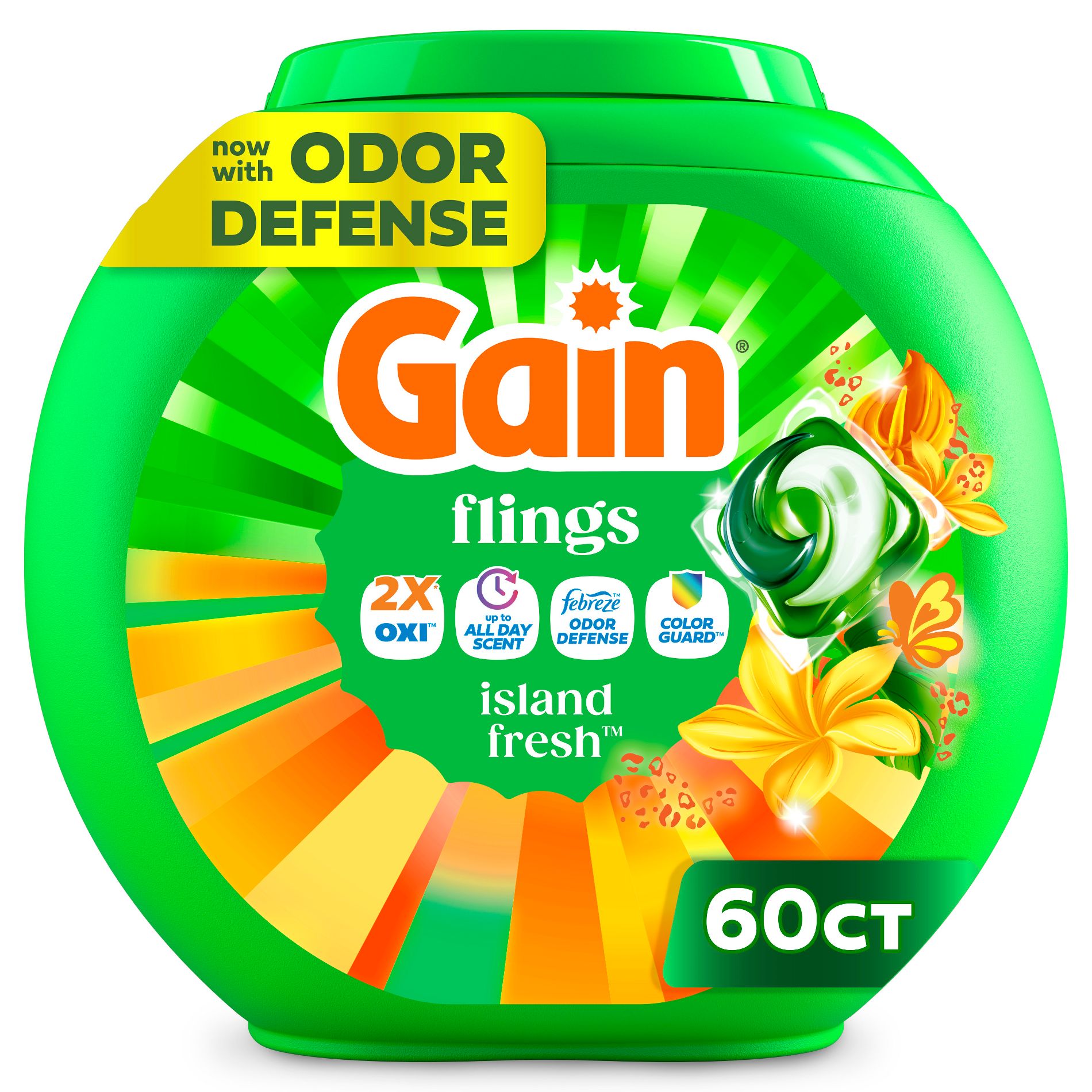 Gain Island Fresh Flings Laundry Detergents - 60ct: Plastic Tub, Odor Control, Paraben-Free, Deep Cleaning