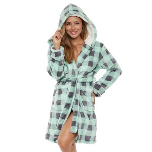 ADR Women's Short Robe, Plush Fleece Women's Robe, Hooded Bathrobe Woman - 1 of 4