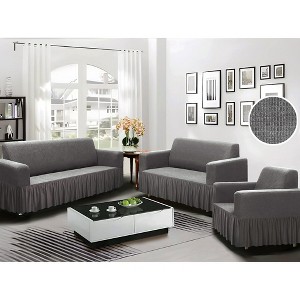 Home Mart Goods Grey 3-Piece Set 4-Way Stretch Ruffled Skirt Slipcover Sofa Loveseat & Armchair Cover Protector - 1 of 3