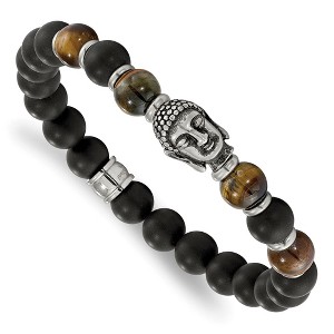 Chisel Stainless Steel Antiqued and Buddha 8mm Black Agate and Tiger's Eye Beaded Stretch Bracelet - 1 of 4