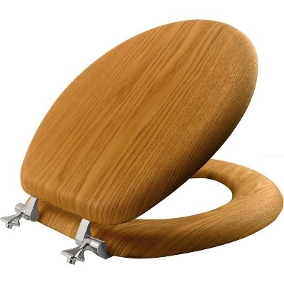 Attop Natural Oak Veneer Toilet Seat with Chrome Hinges, Round, Wood