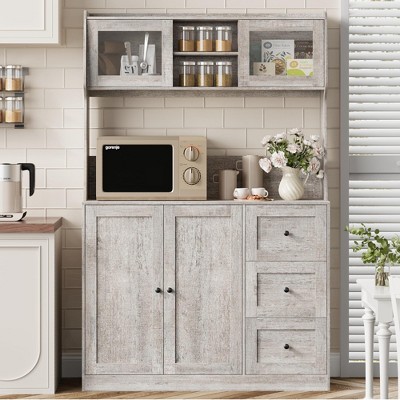 67" Tall Kitchen Hutch Storage Cabinet, Farmhosue Coffee Bar Cabinet with 3 Drawers and LED Lights, Freestanding Food Pantry Cabinet with Countertop