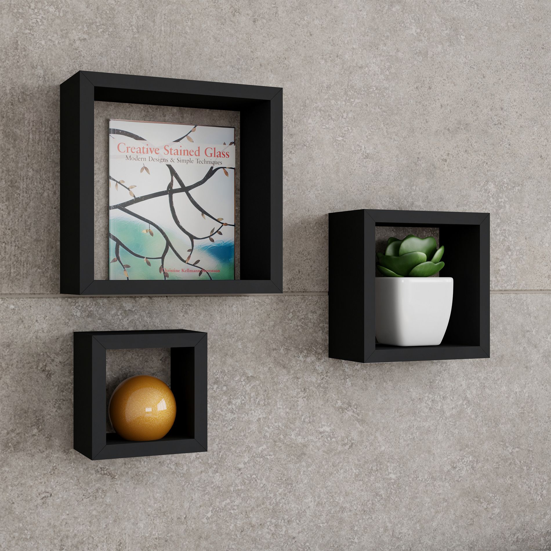 Floating Shelves- Cube Wall Shelf Set with Hidden Brackets, 3 Sizes to Display Décor, Books, Photos, More- Hardware Included by Lavish Home (Black)