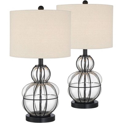 360 Lighting Modern Table Lamps Set of 2 Dark Bronze Blown Glass Gourd Burlap Fabric Drum Shade Living Room Bedroom Bedside Office