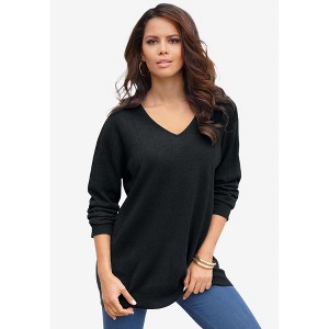Roaman's Plus Size Drop Needle V-Neck Lightweight Sweater Knit - 1 of 4