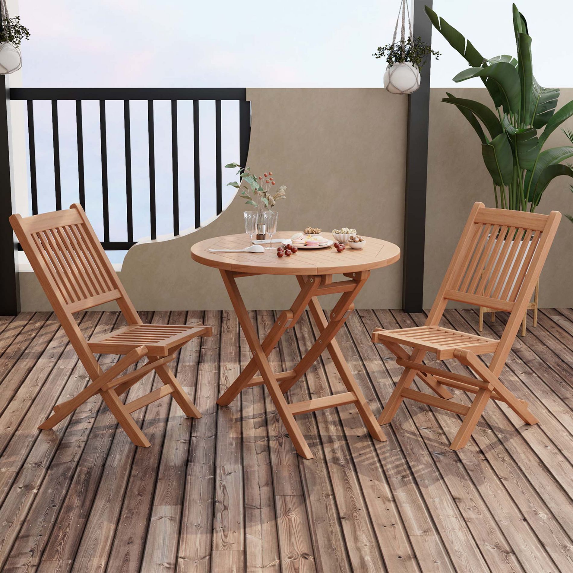 Costway 3pcs Patio Outdoor  Indonesia Teak Wood Bistro Dining Set Folding Chair & Table Slatted