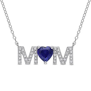 EVERLY JEWELRY | Sterling Silver 7/8 CT TGW Created Blue Sapphire and 1/10 CT TDW Diamond "MOM" Pendant with Chain, 17 inc - 1 of 4