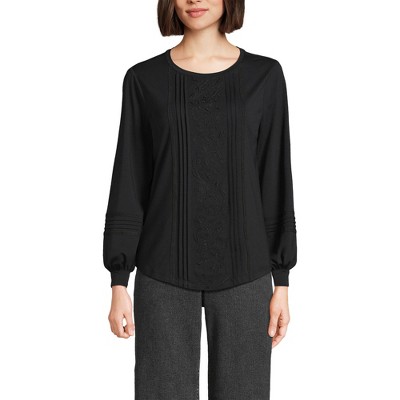 Lands' End Women's Long Sleeve Lightweight Jersey Pintuck Embroidery Top