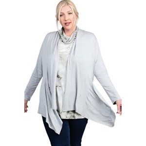 Slickblue Plus Size Women's Heather Grey Long Sleeve Open Cardigan, Shark Bite Hem, Waist Seam, Size 1XL-3XL - 1 of 4