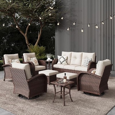 LayinSun Outdoor Patio Furniture Set, Brown Rattan Wicker Sectional Swivel Rocker Chairs Sets