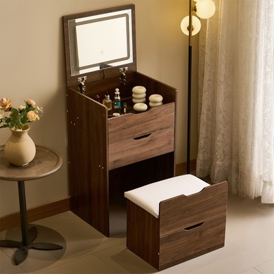 FONTOI 23.6"W 3 in 1 Vanity Desk with Flip Top Mirror Visible Glass Desktop and 3 Drawers for Bedroom Dressing Room, Walnut, 23.62"*15.75"*31.5"