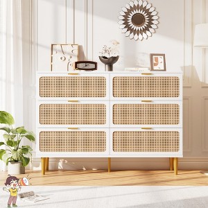 Jojoka Modern 6 Drawer Dresser with Natural Rattan, Wooden Chest of Drawers for Closet, Hallway, Living Room - 1 of 4