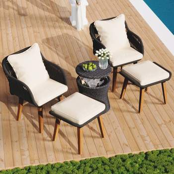 5-Piece Patio Conversation Set with 2 Ottomans, Outdoor Furniture Bistro Set with Wicker Cool Bar Table 4A - ModernLuxe