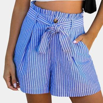 Women's Blue & White Striped Paperback Waist Wide Leg Shorts - Cupshe