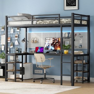 Twin XL Metal Loft Bed with Desk and Shelves, Loft Bed with Ladder and Guardrails, Loft Bed Frame for Bedroom, Black - 1 of 4