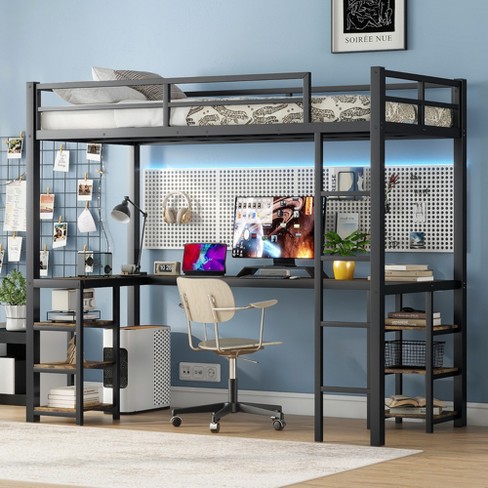 Twin XL Metal Loft Bed with Desk and Shelves, Loft Bed with Ladder and Guardrails, Loft Bed Frame for Bedroom, Black - image 1 of 4