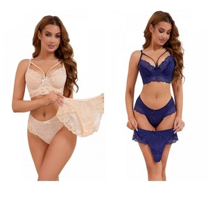 INSPIRE CHIC 2 Sets Women's Cross-Straps Bralette and Panty Mesh Floral Lace Bra and Underwear - 1 of 4