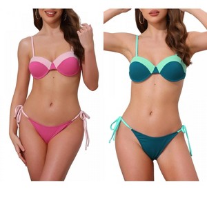 INSPIRE CHIC Women's Contrast Color Ribbed Triangle Bottom Swimwear Bathing Bikini Suits 2 Sets - 1 of 4